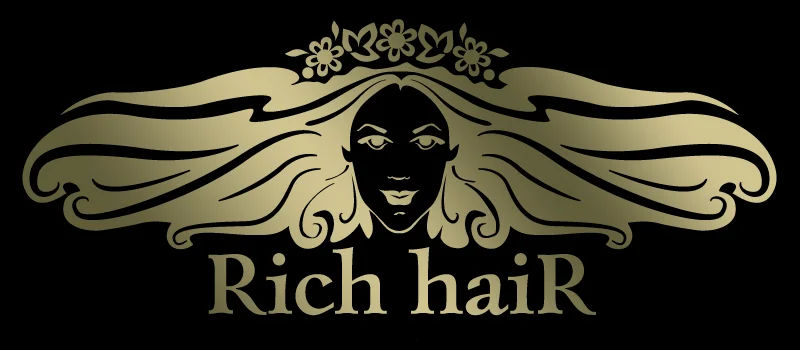Дизайн логотипа Rich Hair - золотой вариант на черном фоне с тиснением