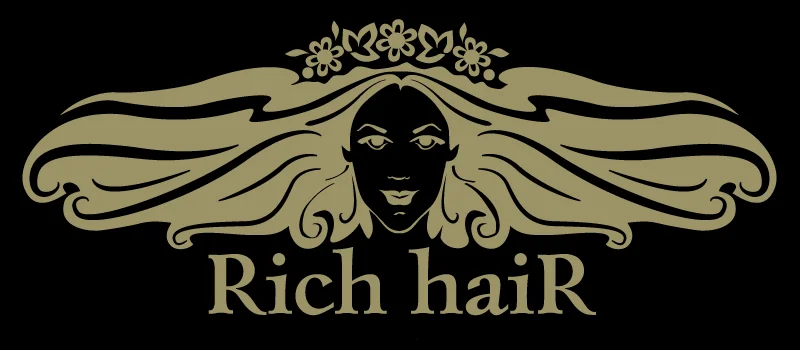 Дизайн логотипа Rich Hair - золотой вариант на черном фоне